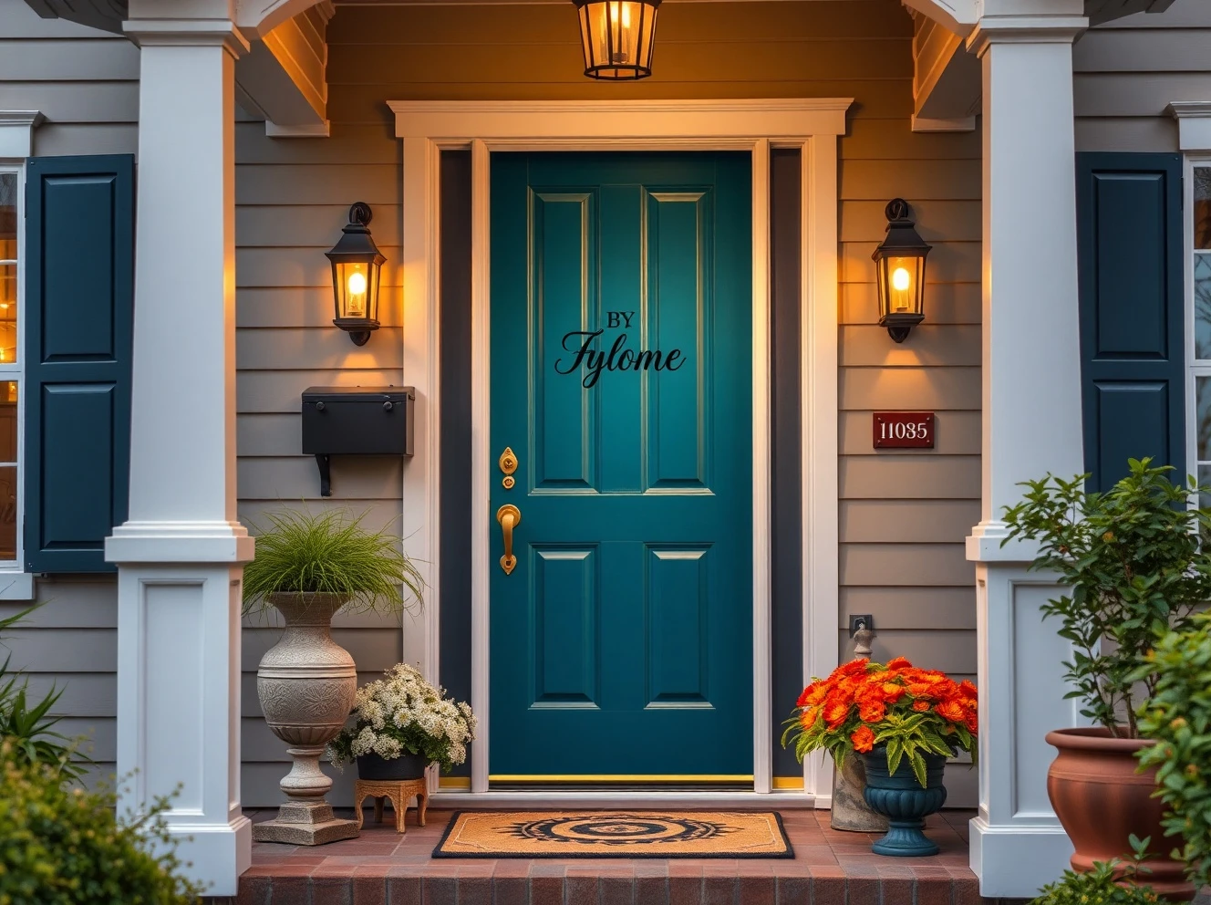 Beautifully personalized front door showcasing unique style and welcoming entrance with custom hardware and color