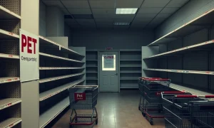 Closed pet retailer store with empty shelves showing recent store closures impact