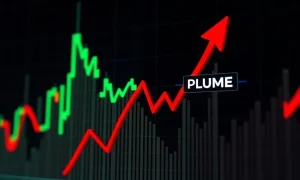 PLUME cryptocurrency price volatility chart showing sharp correction after massive gains
