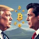 Political figures battling through meme coin cryptocurrency speculation with digital currency symbols