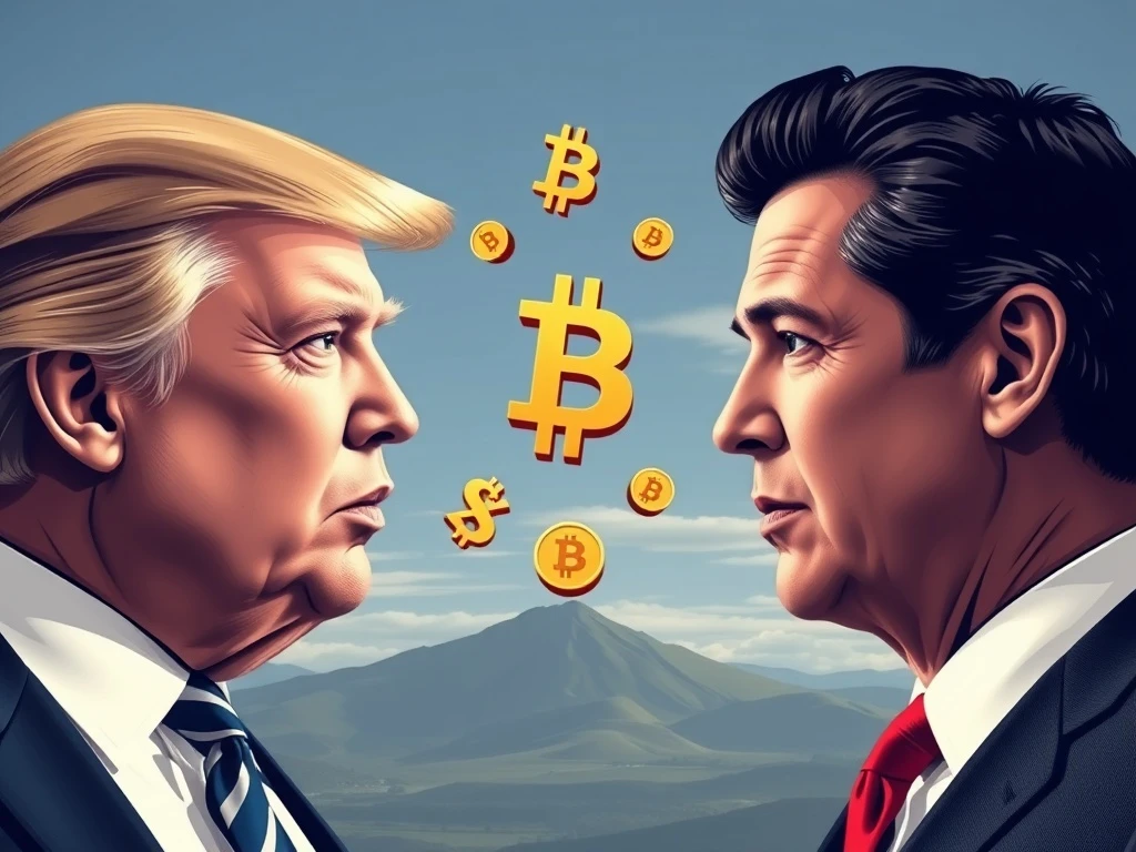 Political figures battling through meme coin cryptocurrency speculation with digital currency symbols