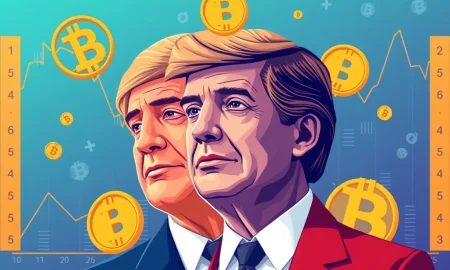 Politically themed crypto assets merging political symbols with blockchain technology and market charts