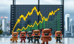 Pop Mart stock performance chart with Labubu collectible figures representing market success