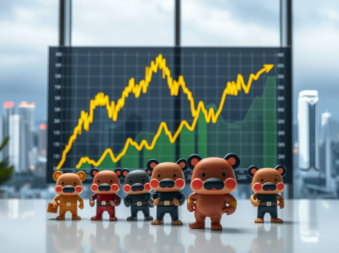 Pop Mart stock performance chart with Labubu collectible figures representing market success