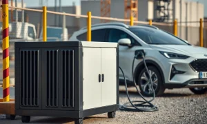 Modern portable battery unit providing clean energy for electric vehicle charging and construction sites