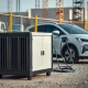 Modern portable battery unit providing clean energy for electric vehicle charging and construction sites