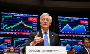 Jerome Powell discussing labor market trends at Federal Reserve hearing with economic data visuals