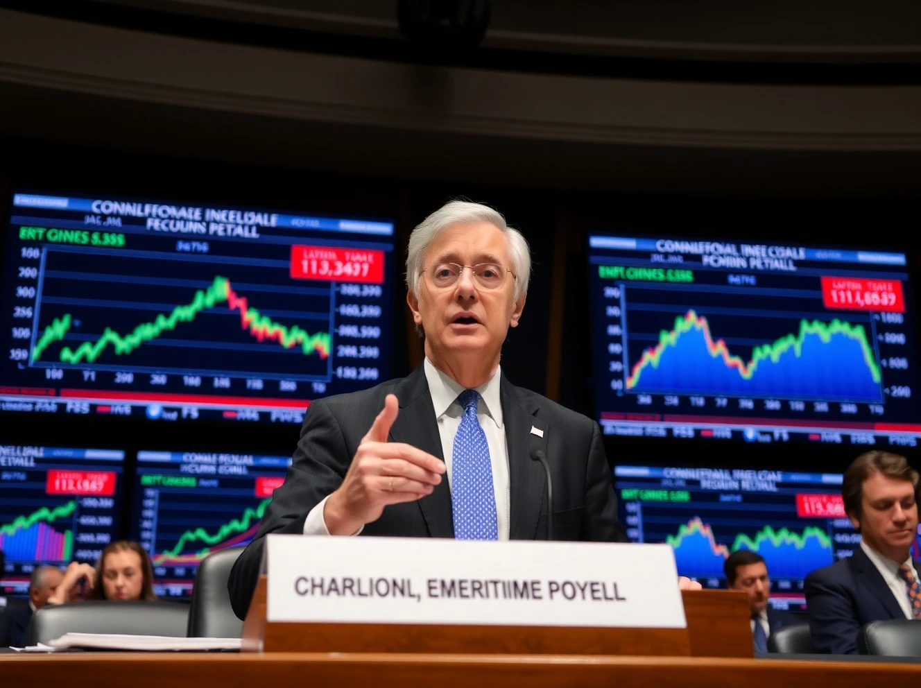 Jerome Powell discussing labor market trends at Federal Reserve hearing with economic data visuals