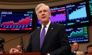 Jerome Powell discussing tariffs and inflation during Federal Reserve economic briefing