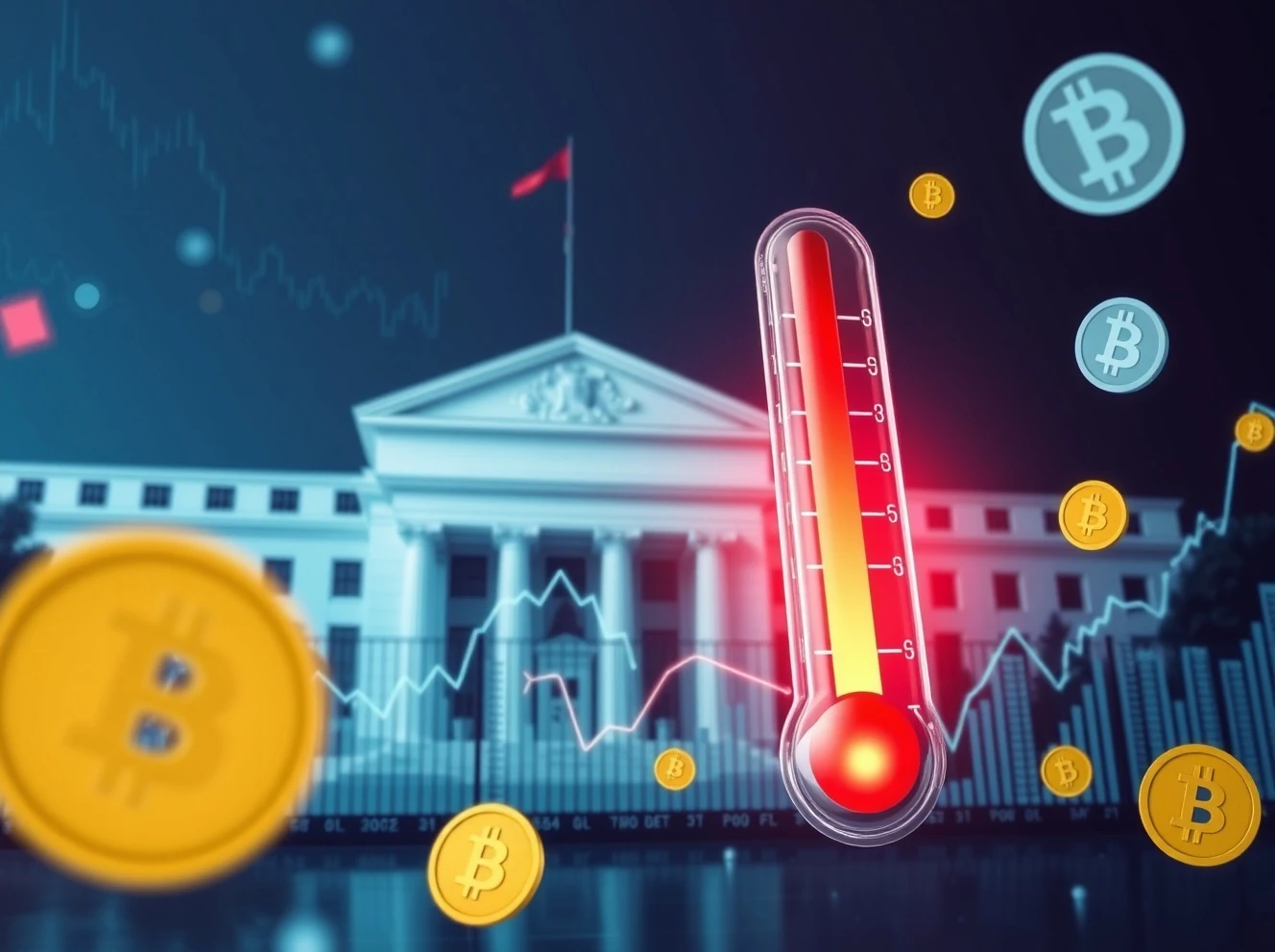 Federal Reserve building with overheating economy thermometer showing danger of premature Fed rate cuts