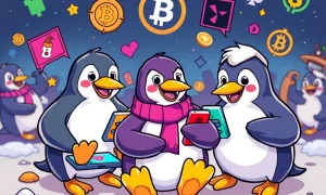 Pudgy Penguins characters celebrating in vibrant mobile gaming party with blockchain elements