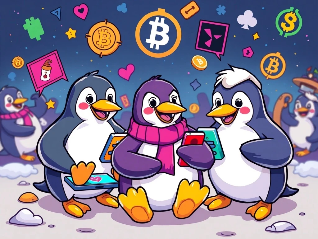 Pudgy Penguins characters celebrating in vibrant mobile gaming party with blockchain elements