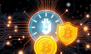 Quantum computing threat to Bitcoin security with protective shield and countdown timer