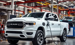 Ram electric pickup cancellation announcement with vehicle and charging station