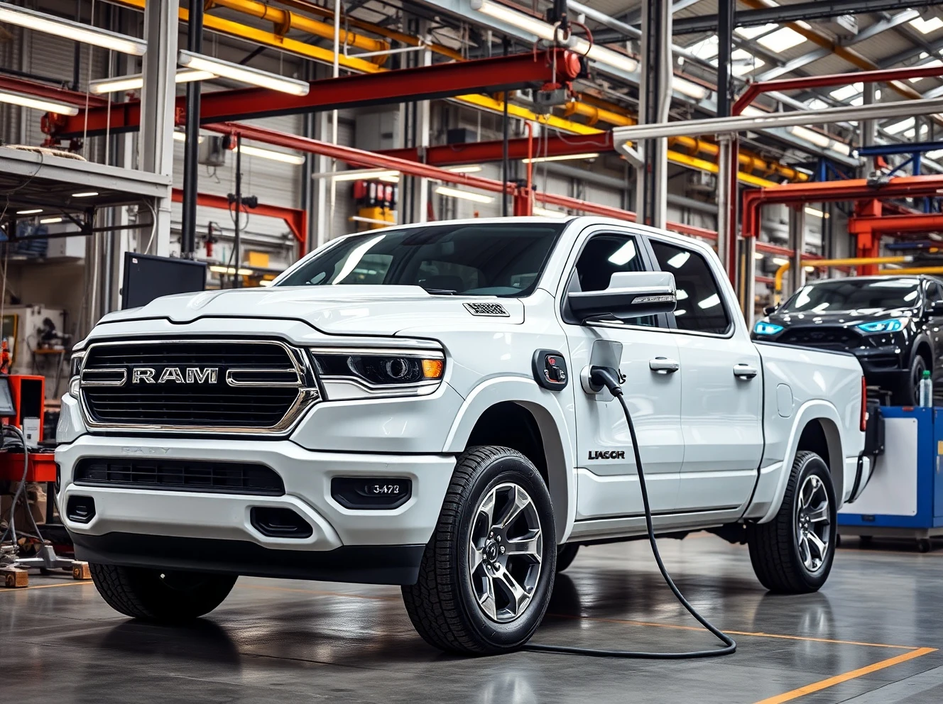 Ram electric pickup cancellation announcement with vehicle and charging station