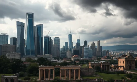 Critical recession prediction showing economic prosperity turning into decline with storm clouds gathering over city skyline
