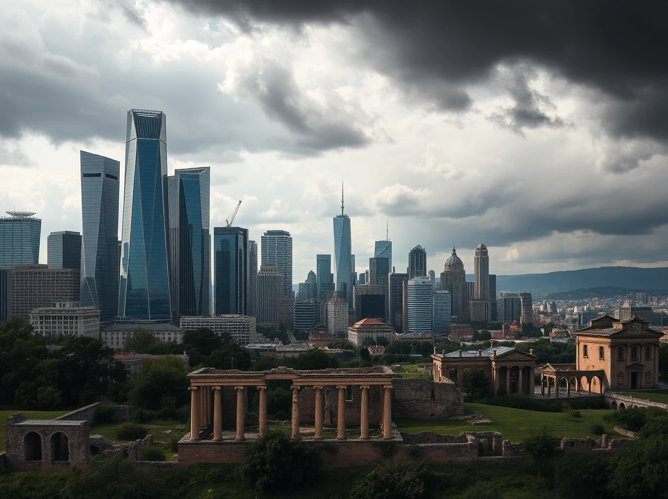 Critical recession prediction showing economic prosperity turning into decline with storm clouds gathering over city skyline