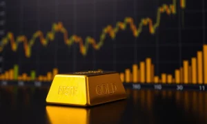 Record gold price surge showing gold bar with financial charts