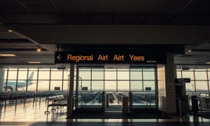 Regional airline exits airport showing empty gates and canceled flight displays