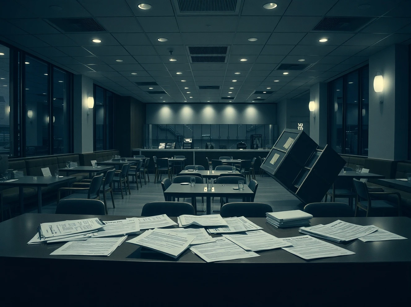 Restaurant chain Chapter 7 bankruptcy documents on empty dining table showing business collapse