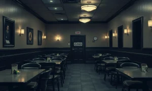 Restaurant chain Chapter 7 bankruptcy closure showing empty dining area and closed sign