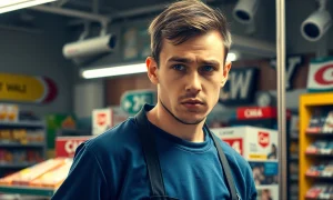 Young worker facing retail recruitment crisis due to safety concerns in convenience store