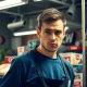 Young worker facing retail recruitment crisis due to safety concerns in convenience store