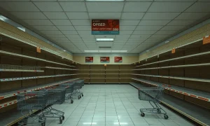 Empty retail store showing recent closures with abandoned shopping carts and clearance signs