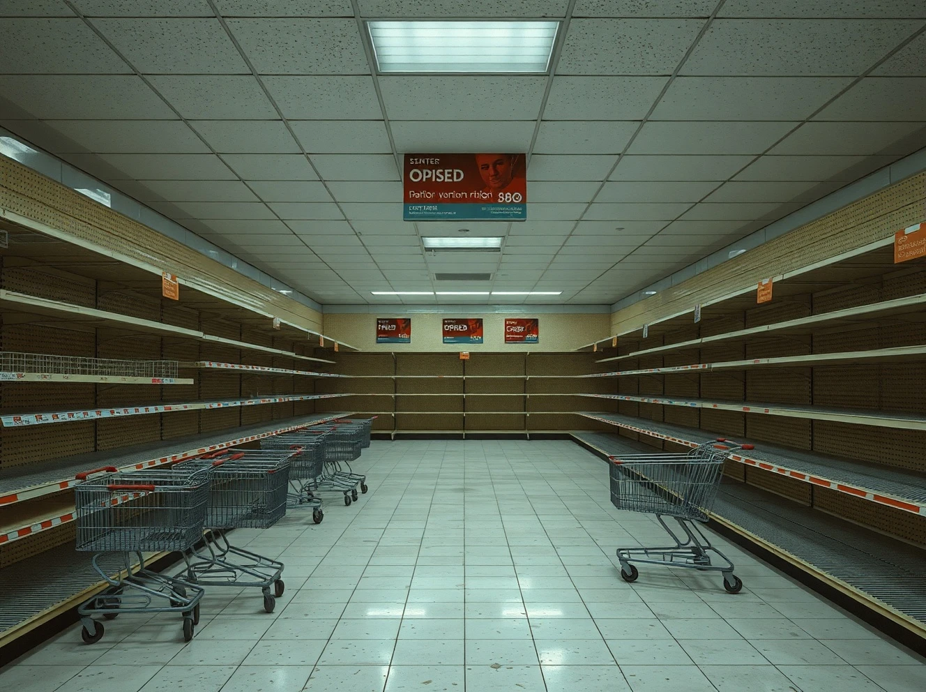 Empty retail store showing recent closures with abandoned shopping carts and clearance signs