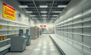 Empty retail store during Chapter 11 bankruptcy proceedings with closed signs and clearance merchandise