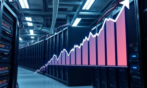Riot Platforms Bitcoin mining facility with energy infrastructure and rising stock chart