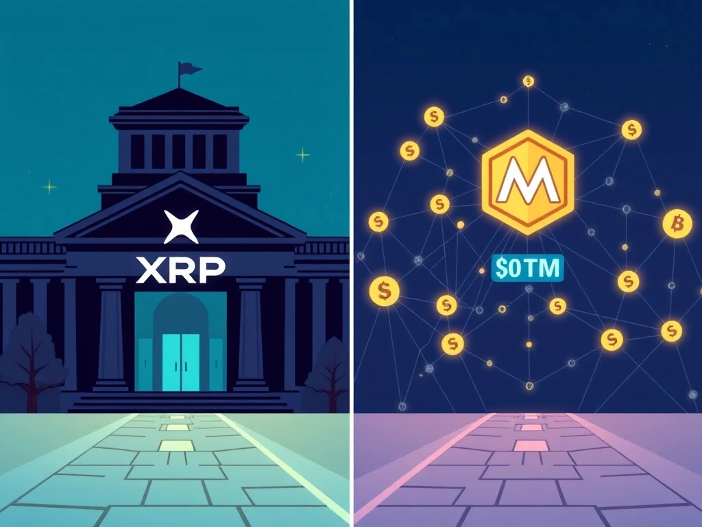 Crypto investments comparison between stable XRP and high-growth MUTM tokens showing different risk profiles
