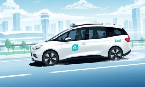 Autonomous robotaxi navigating urban environment with airport backdrop representing future mobility transformation