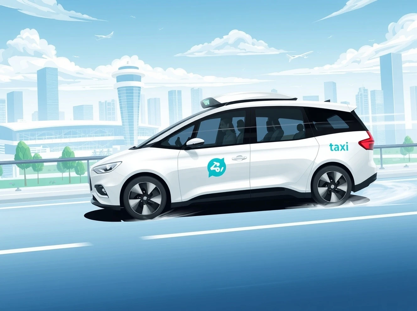 Autonomous robotaxi navigating urban environment with airport backdrop representing future mobility transformation