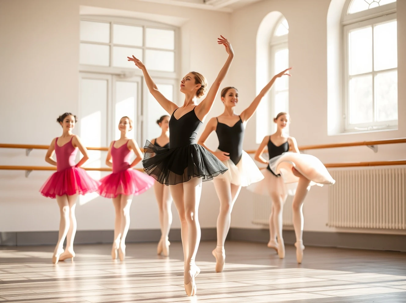 Professional ballet training session at Royal Ballet School showing dancers in motion