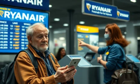 Elderly traveler struggling with Ryanair paper boarding passes digital transition at airport