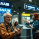 Elderly traveler struggling with Ryanair paper boarding passes digital transition at airport