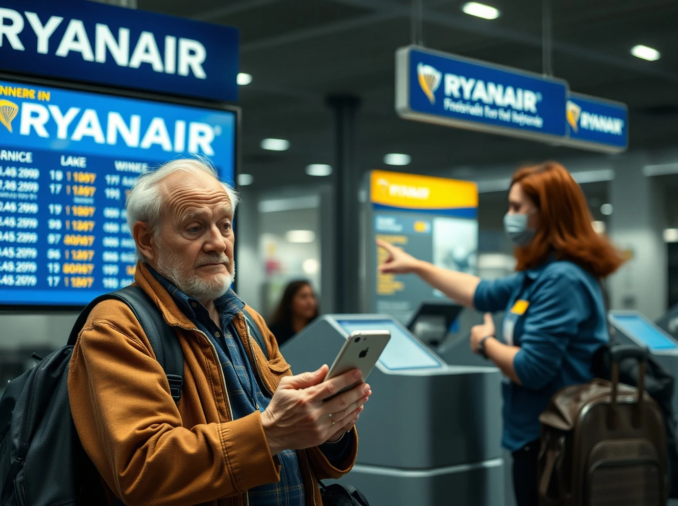 Elderly traveler struggling with Ryanair paper boarding passes digital transition at airport