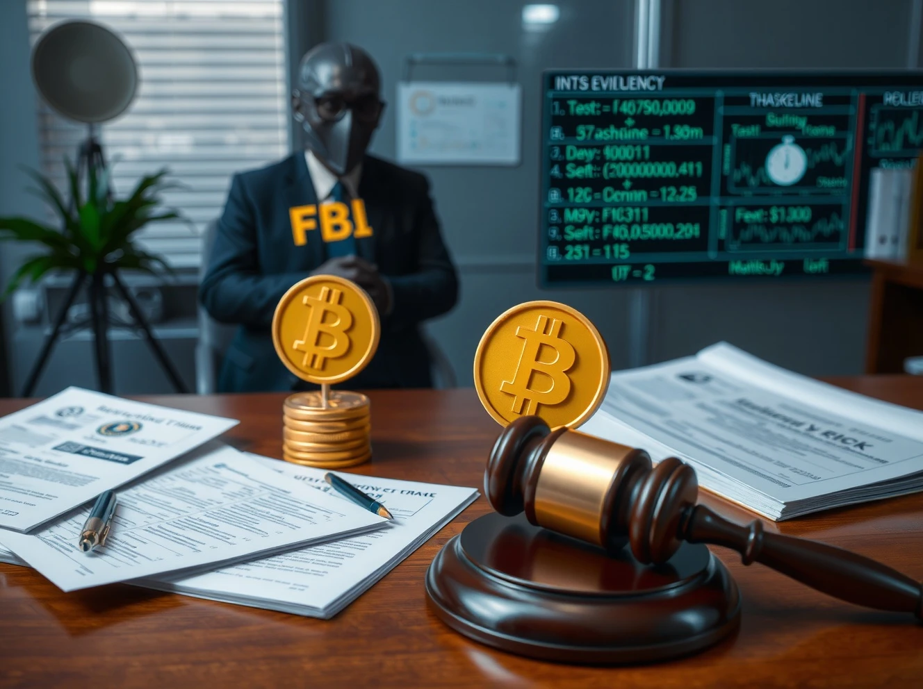 FBI SafeMoon investigation showing legal documents and cryptocurrency evidence board