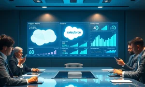 Salesforce AI growth dashboard showing impressive metrics while investors appear disinterested and distracted