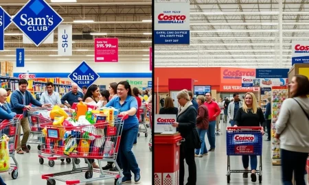 Sam's Club members celebrating shopping victory over Costco with carts full of savings