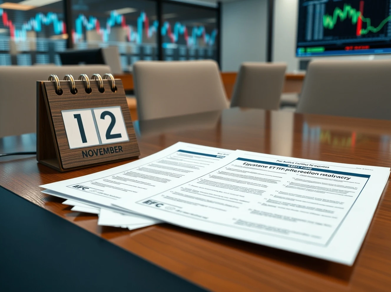 SEC delays crypto ETFs decision on regulatory desk with calendar showing November deadline