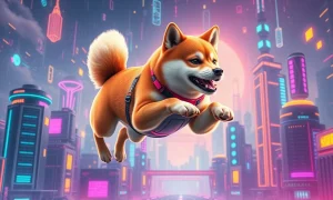 Shiba Inu Metaverse transformation showing digital dog entering virtual world with blockchain integration