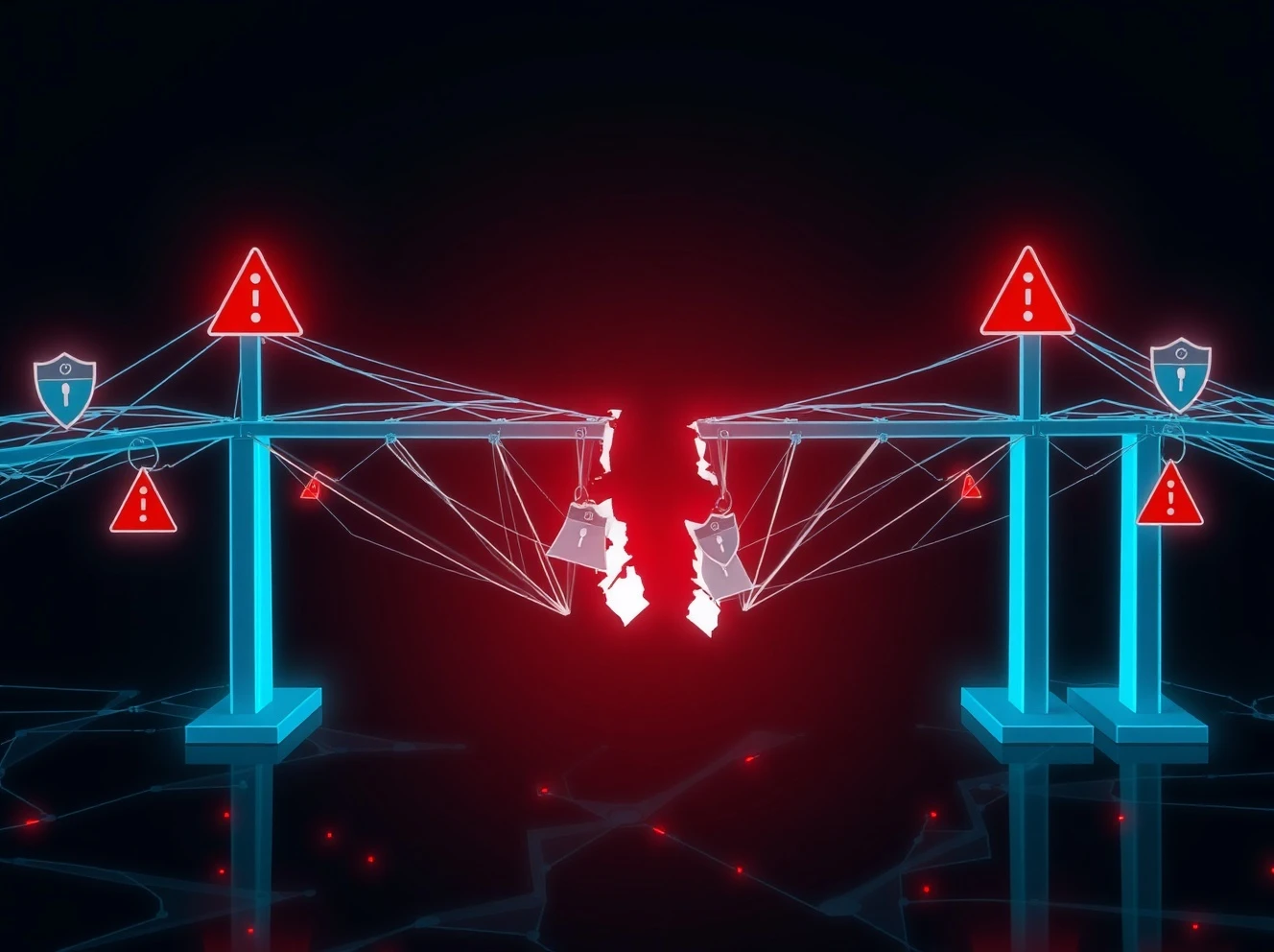 Shibarium bridge security breach showing suspended blockchain connections and warning indicators