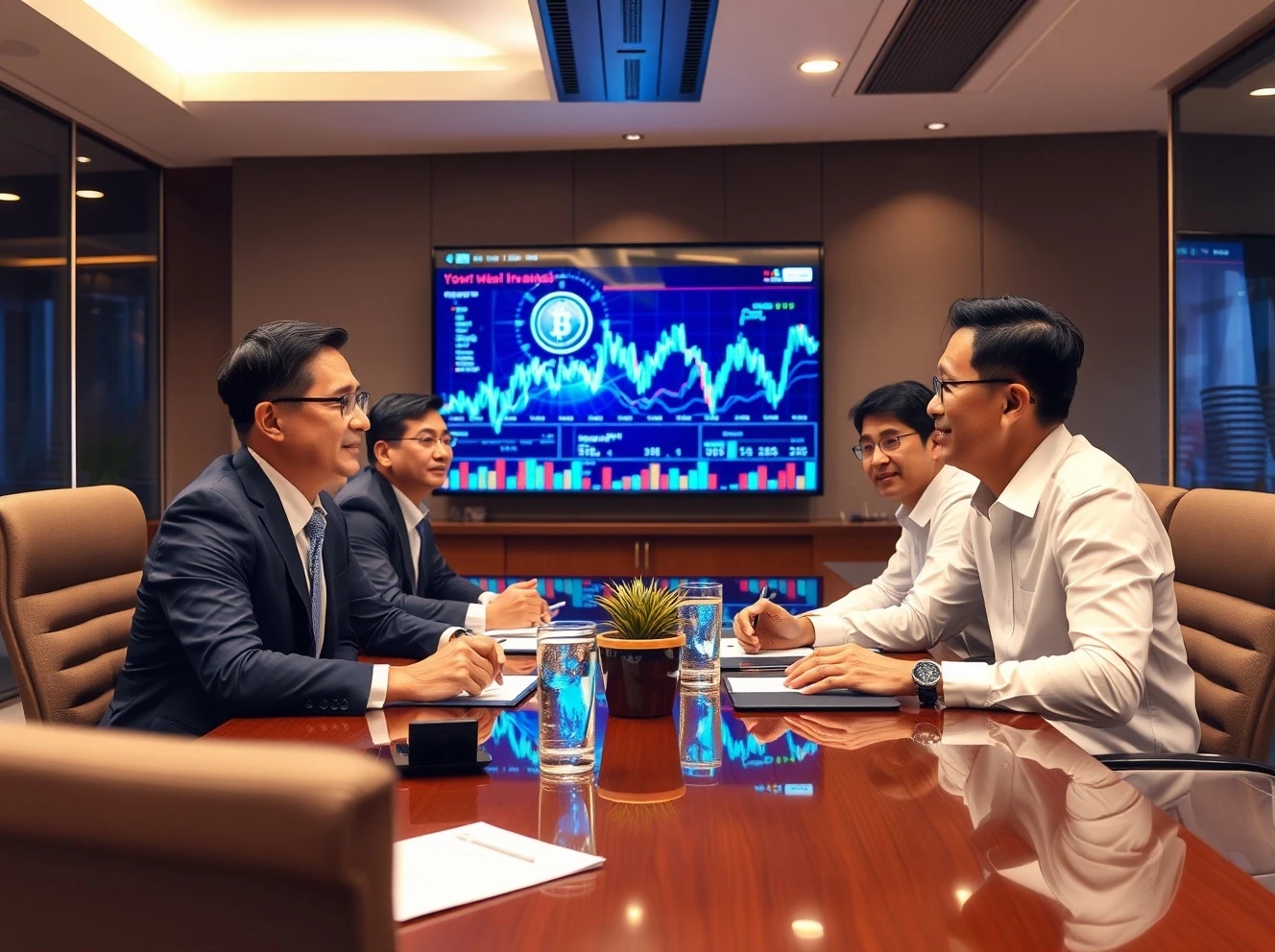 Shinhan Financial executives discussing stablecoin adoption strategy with Tether representatives