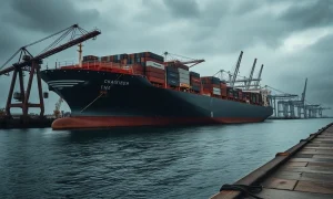 Shipping company Chapter 11 bankruptcy showing distressed cargo vessels at dormant port
