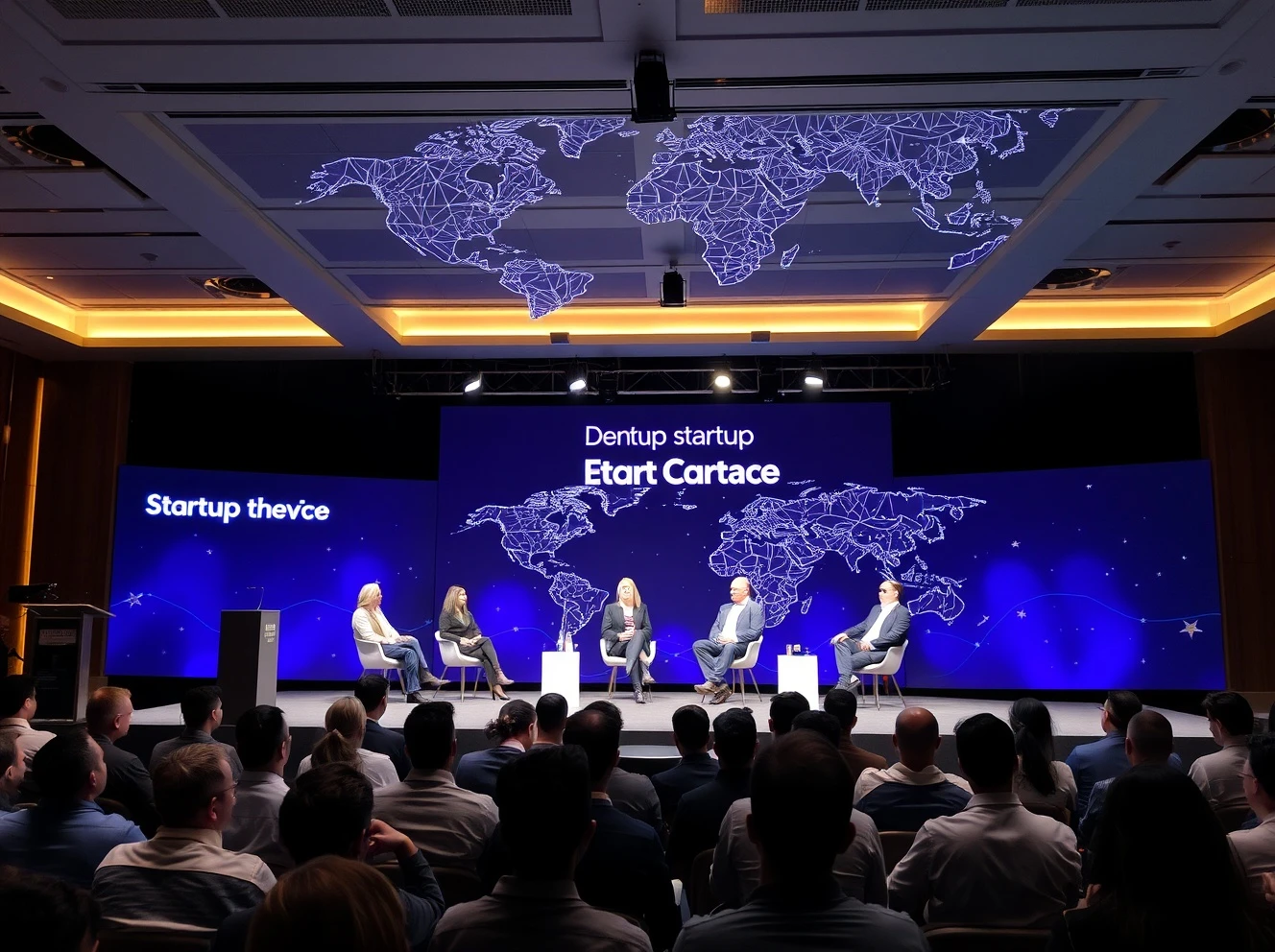 Silicon Valley startups debate panel at tech conference with global map background