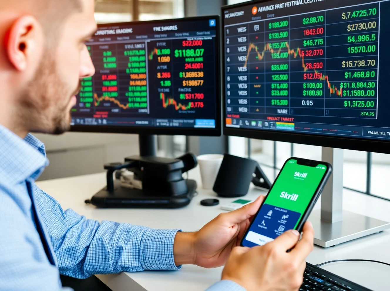 Professional trader analyzing Skrill fees forex transaction costs on digital dashboard