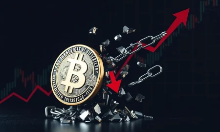 SLP cryptocurrency catastrophic collapse showing shattered token fragments against crashing market charts
