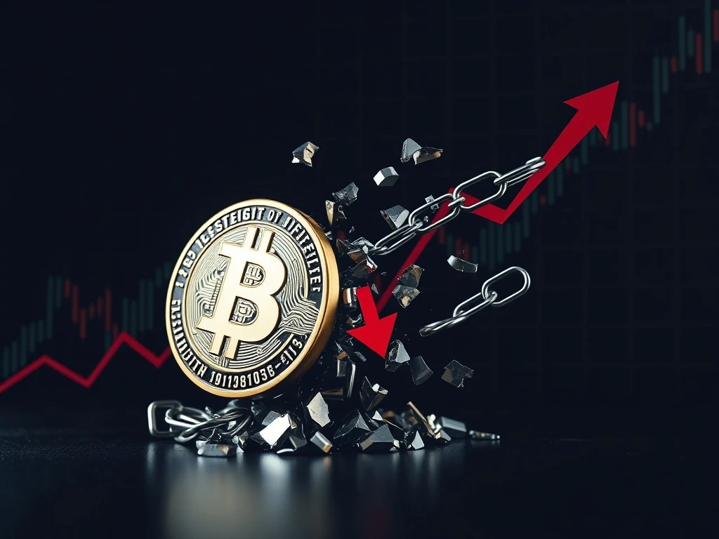 SLP cryptocurrency catastrophic collapse showing shattered token fragments against crashing market charts